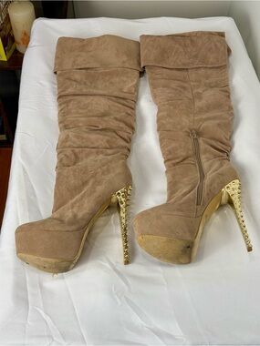 Women’s Over Knee Platform Spike Heel Boots Beige Size 8.5